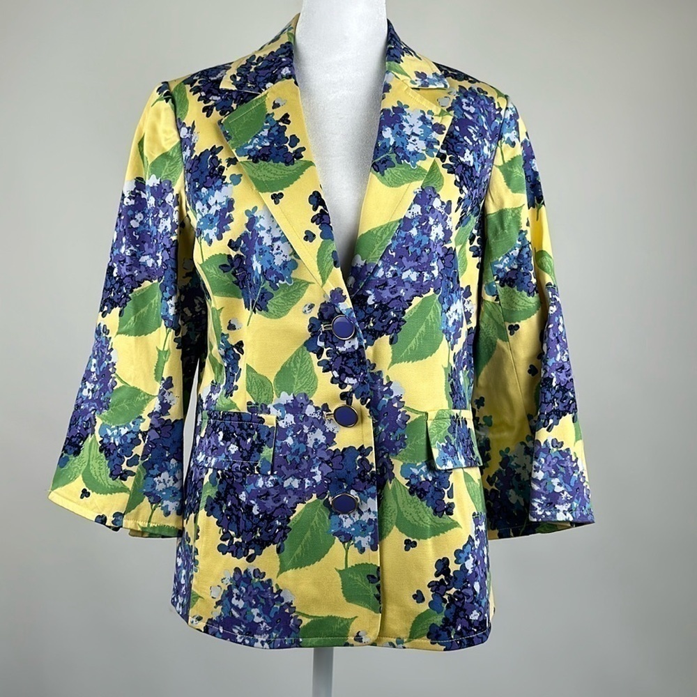Linea by Louis Dell’Olio Floral Blazer Jacket Purple Yellow Button Detail Sz XS